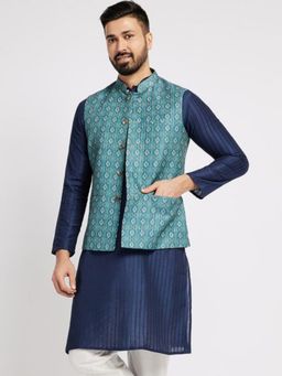 ETHNIC INDIA - Men Blue Printed Regular Fit Blended Fabric Nehru Jacket