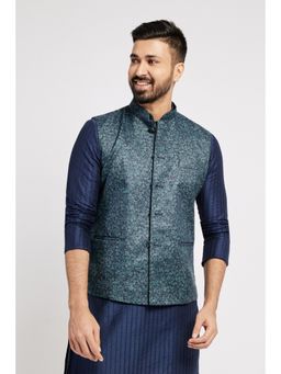 ETHNIC INDIA - Men Blue Printed Regular Fit Blended Fabric Nehru Jacket