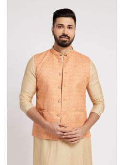 ETHNIC INDIA - Men Orange Printed Regular Fit Blended Fabric Nehru Jacket