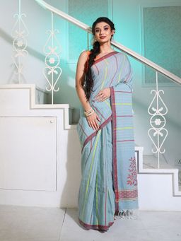 CHARUKRITI - Powder Blue Cotton Handspun Saree with Stripes and Nakshi Pattern with Unstitched Blouse