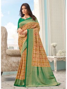 Sangam Prints - Beige Pure Handloom Silk Woven Work Traditional Saree with Unstitched Blouse
