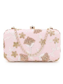 Anekaant - Tulle Baby Pink and Gold Faux Silk Floral Embroidered Clutch