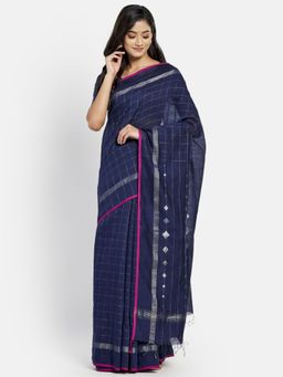 Fabindia - Navy Cotton Silk Jamdani Saree without Blouse