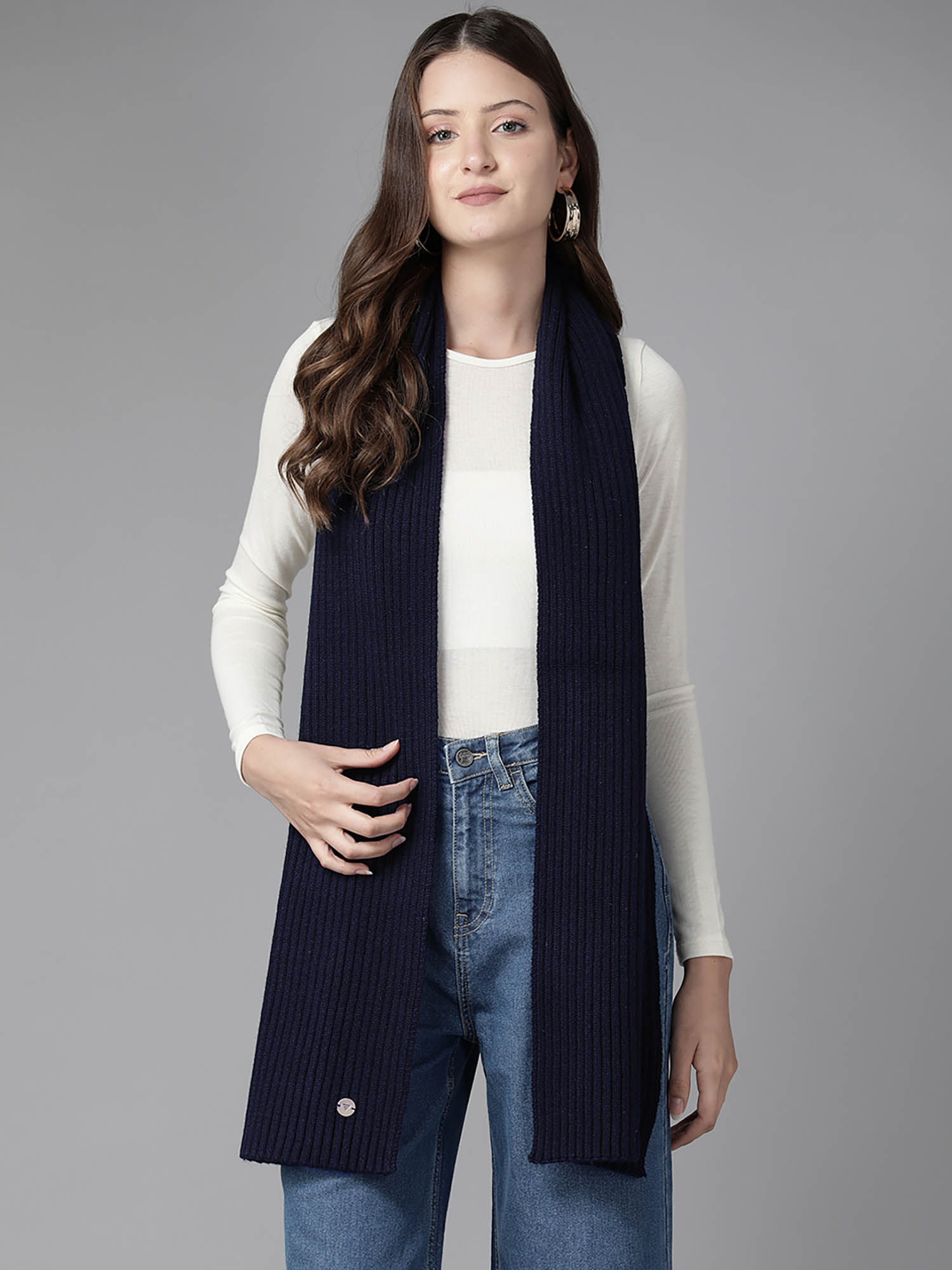 Navy Blue Women Solid Woven Stole-image-3