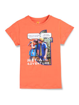 Gini & Jony - Girls Orange Digital Print Cotton Knits T-Shirt Half Sleeves