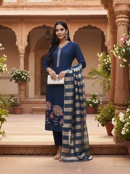 Yufta - Navy Blue Solid Straight Style Chanderi Silk Lining Kurta With Pant & Dupatta