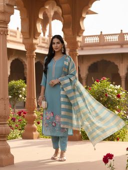 Yufta - Turquoise Blue Solid Straight Style Chanderi Silk Lining Kurta With Pant & Dupatta