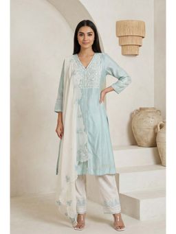 Folksong - Women's Blue Chikankari Cotton Blend Straight Kurta With Pant & Dupatta