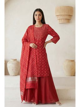 Folksong - Women's Red Bandani Mirror Work Silk Blend Straight Kurta With Palazzo & Dupatta