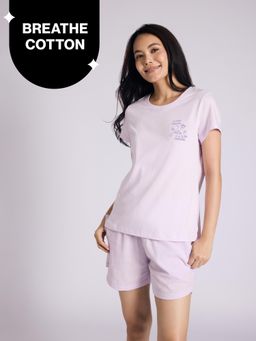 Nykd by Nykaa - Essential Cotton Shorts Coord Set With Crew Neck Cotton Knit Tee Nys942 Lavender Seer