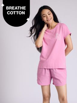 Nykd by Nykaa - Essential Cotton Shorts Coord Set With Crew Neck Cotton Knit Tee Nys942 Pink Seer