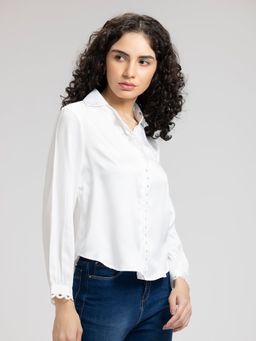 SHAYE - White Solid Spread Collar Long Sleeves Casual Shirt For Women