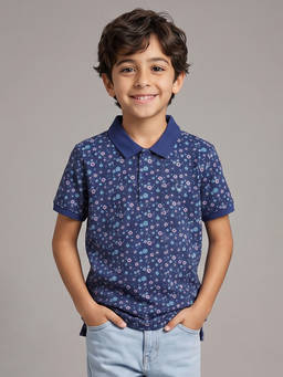Allen Solly - Boys Navy Blue Floral Printed Polo Neck T-shirt