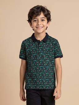 Allen Solly - Boys Black Floral Printed Polo Neck T-shirt