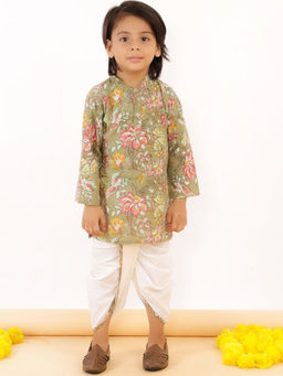 The Mom Store - Floral Boys Dhoti Kurta - Olive And Magenta (Set of 2)