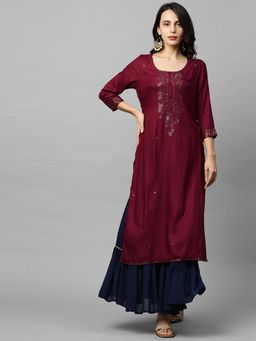 FASHOR - Ethnic Sequins Embroidered Straight Kurta - Burgundy