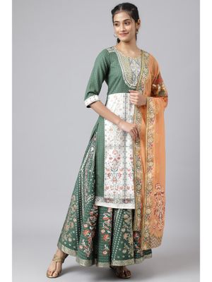Green Printed Cotton Straight Kurta With Skirt & Dupatta