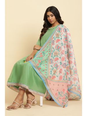 Green Panelled Embroidered Kurta, Slim Pants And Dupatta Set