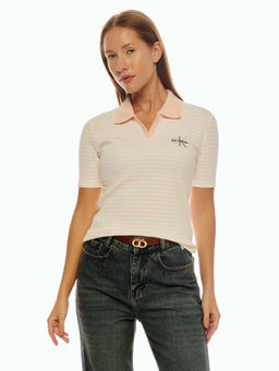Calvin Klein - Off White Striped Slim Fit Cotton Polo T-Shirt