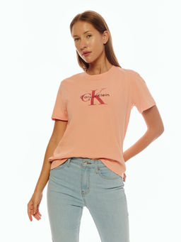 Calvin Klein - Orange Printed Logo Regular Fit Cotton T-Shirt