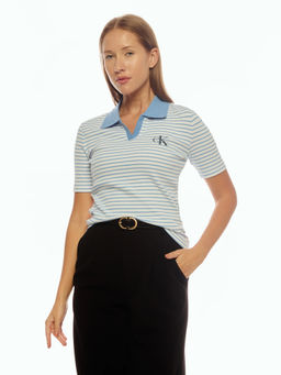 Calvin Klein - Blue Striped Slim Fit Cotton Polo T-Shirt