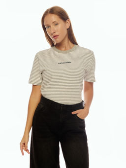 Calvin Klein - Grey Striped Regular Fit Cotton T-Shirt