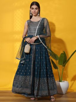 Chhabra 555 - Teal Flared Embellished Lehenga with Kurta & Dupatta (Set of 3)