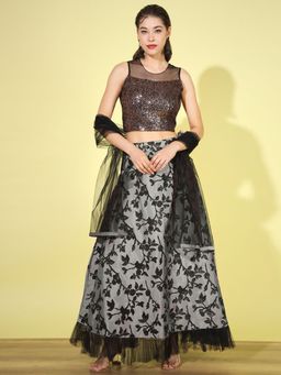 Chhabra 555 - Grey Flared Printed Lehenga with Choli & Dupatta (Set of 3)