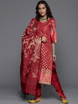 Chhabra 555 - Red & Gold Unstitched Dress Material