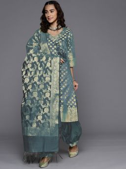 Chhabra 555 - Turquoise Woven Design Zari Unstitched Dress Material