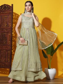 Chhabra 555 - Green Flared Solid Lehenga with Kurta & Dupatta (Set of 3)