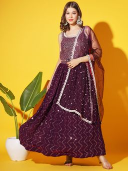 Chhabra 555 - Burgundy Flared Embellished Lehenga with Choli & Dupatta (Set of 3)