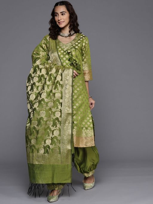Buy Chhabra 555 Green Banarasi Weaving Unstitched Dress Material Online