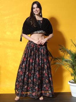 Chhabra 555 - Black Flared Printed Lehenga with Crop Top (Set of 2)