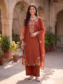 Autumnlane - Women Chanderi Solid/Plain Kurta With Pant & Dupatta