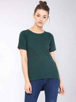 Miss Chase - Womens Green Round Neck Half Sleeves Solid Back Slit High Low Top