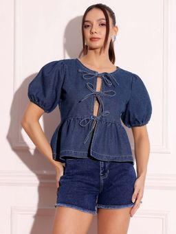 Miss Chase - Womens Dark Blue Round Neck Puff Sleeve Solid Denim Peplum Top