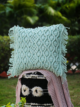 Revive Home - Aqua Green Macramé Cushion Cover With Fringes - Square