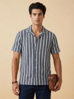 R&B - Navy Blue Cotton Stripes Shirt