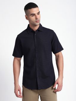 R&B - Navy Blue Cotton Blend Solid Shirt