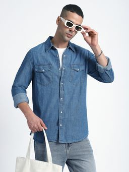 R&B - Navy Blue Denim Solid Shirt