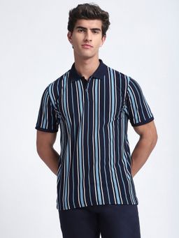R&B - Stripes Regular Navy Blue Polo T-Shirt