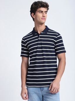 R&B - Stripes Regular Navy Blue Polo T-Shirt