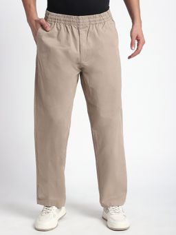 R&B - Beige Cotton Solid Straight Trouser