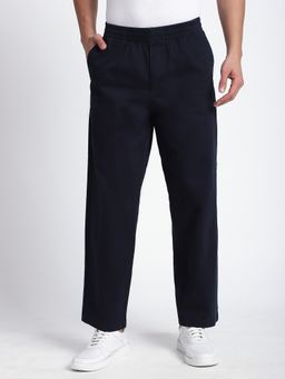 R&B - Navy Blue Cotton Solid Straight Trouser