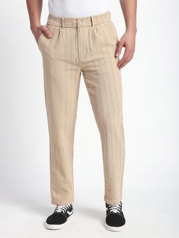 R&B - Beige Cotton Solid Straight Trouser
