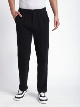 R&B - Black Cotton Solid Straight Trouser