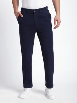 R&B - Navy Blue Cotton Solid Straight Trouser