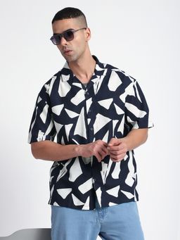 R&B - Navy Blue Cotton Abstract Shirt