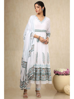 Soch - Women's White Cotton Ethnic Kurta & Pant With Dupatta With Cutdana (Set of 3)